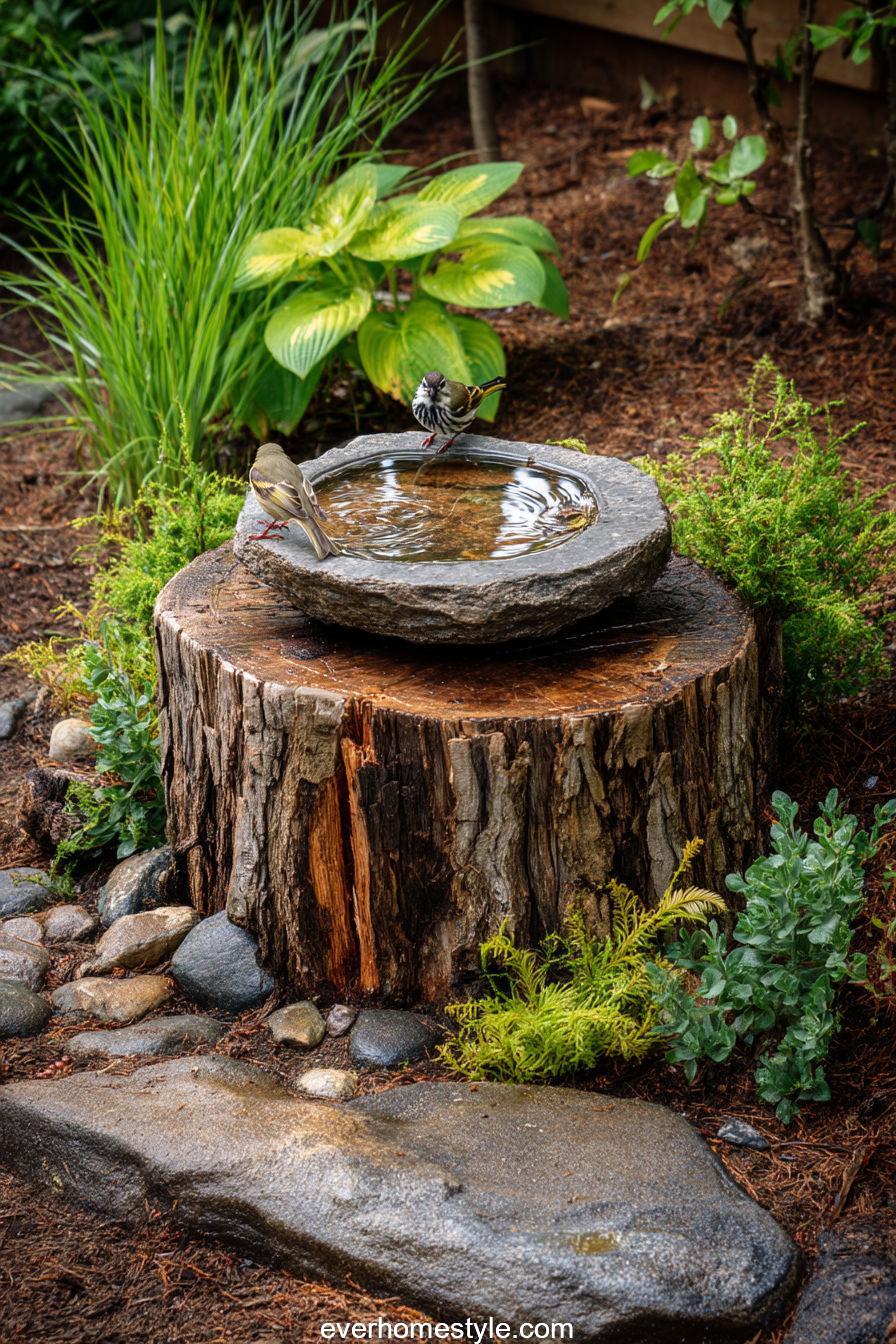 13. Log Bird Bath in Nature