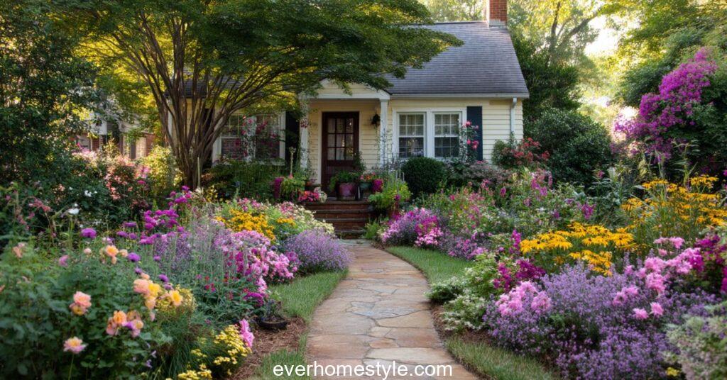 A front yard garden bursting with seasonal flowers