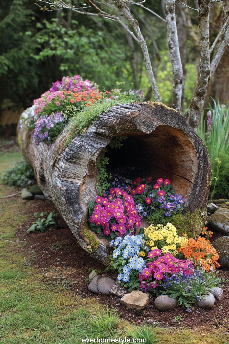 5. Hollow Log Planter with Flowers