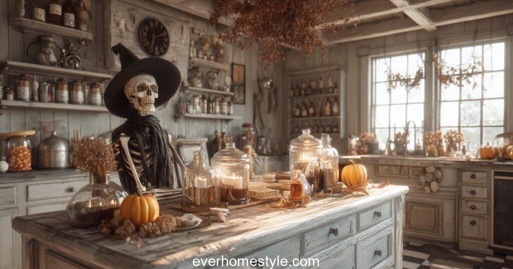 A rustic farmhouse kitchen island decorated with a life sized skeleton chef