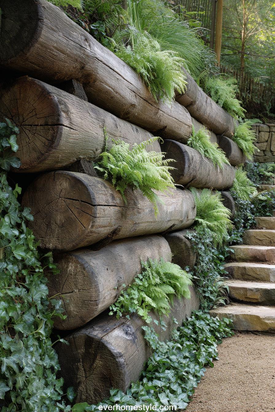 6. Log Retaining Wall in Garden