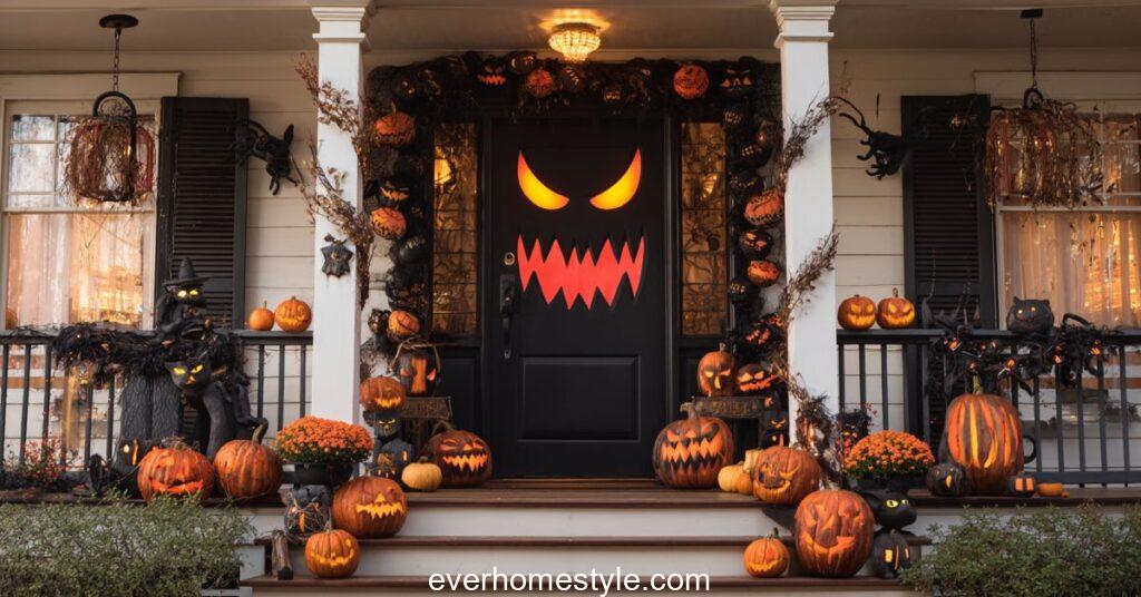 A white storm door decorated halloween as a black monster face with glowing orange eyes jagged red teeth pumpkins