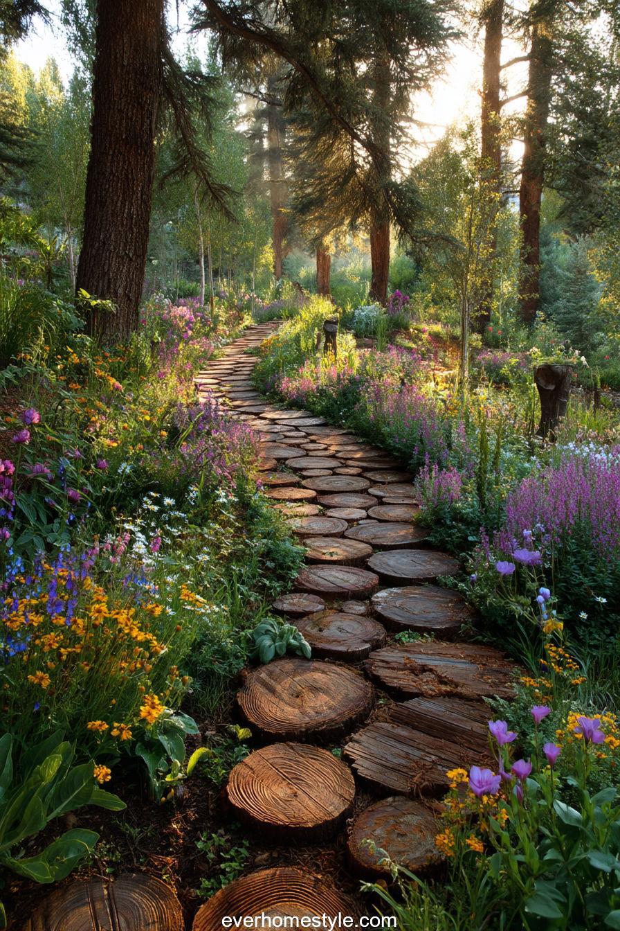 4. Rustic Log Pathway in Forest Garden