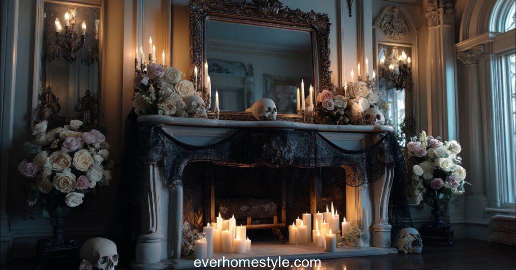 An elegant vintage fireplace glowing under soft moonlight halloween home decor