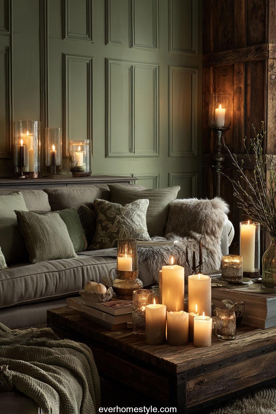 Candlelit sage green living room