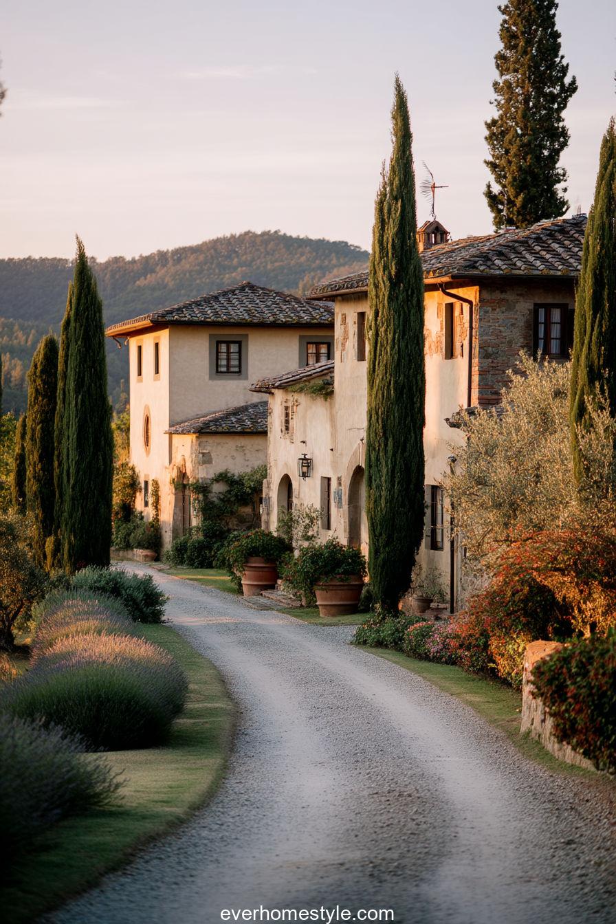 Charming Tuscan villa at golden hour, cypress-lined driveway, stucco walls glowing in soft sunlight