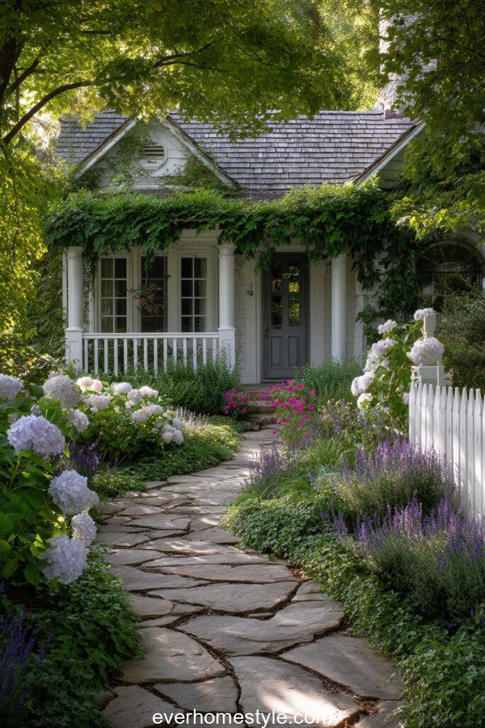Charming cottage front garden curved stone path t