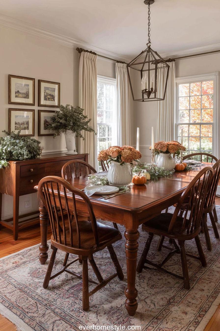 Classic New England Dining Room With Antique Furniture And Warm Thanksgiving Decor