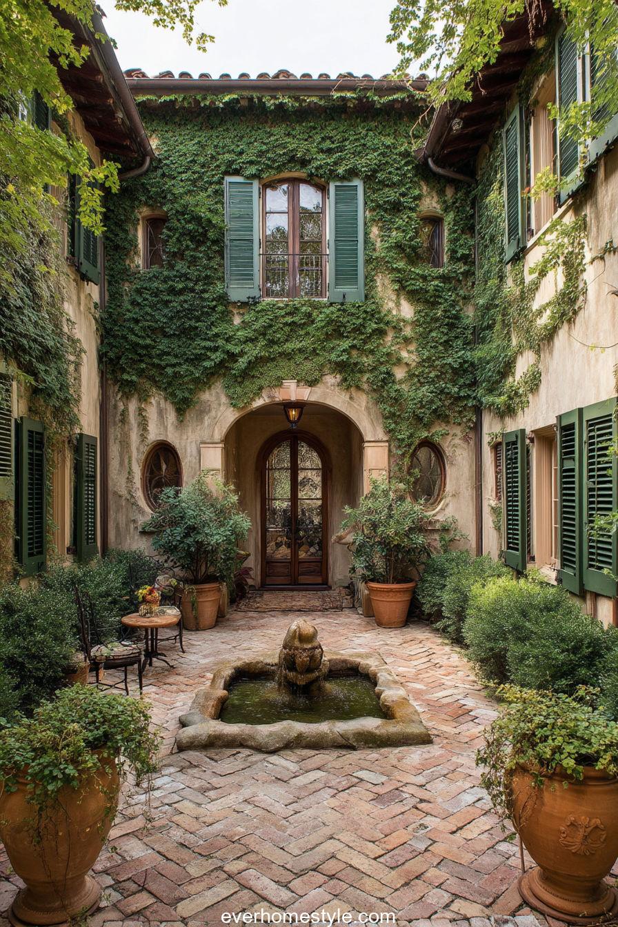 Classic Tuscan courtyard home with ivy-covered arches, rustic shutters, and central fountain framed by terra cotta pots