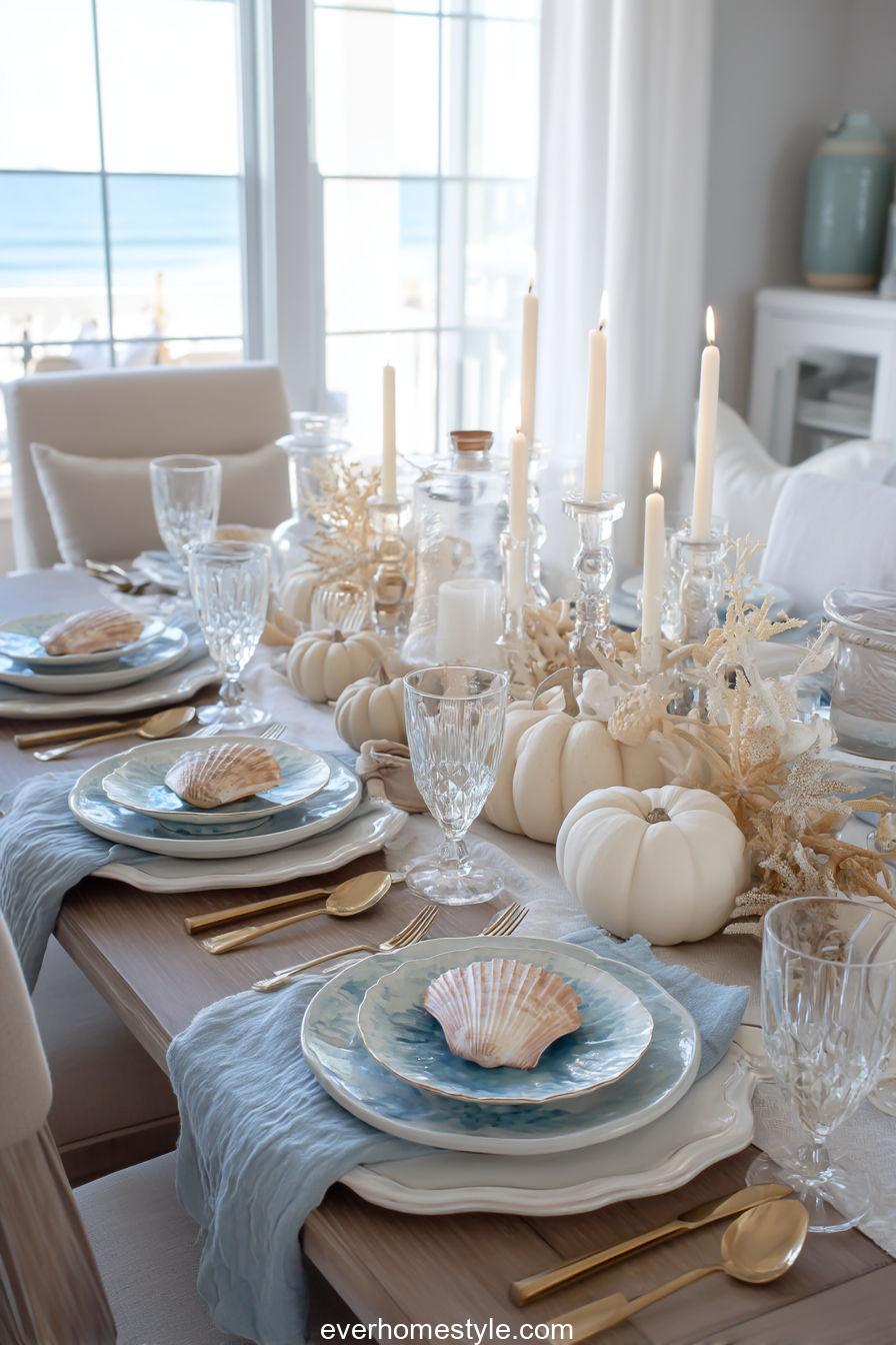 Coastal Thanksgiving Table With Light Blues, Beige Linen, Seashell Accents, And White Pumpkins