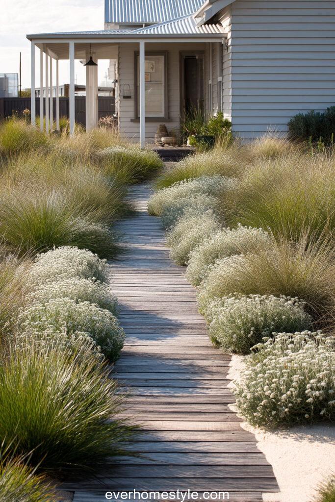 Coastal front garden for a beach house boardwalk