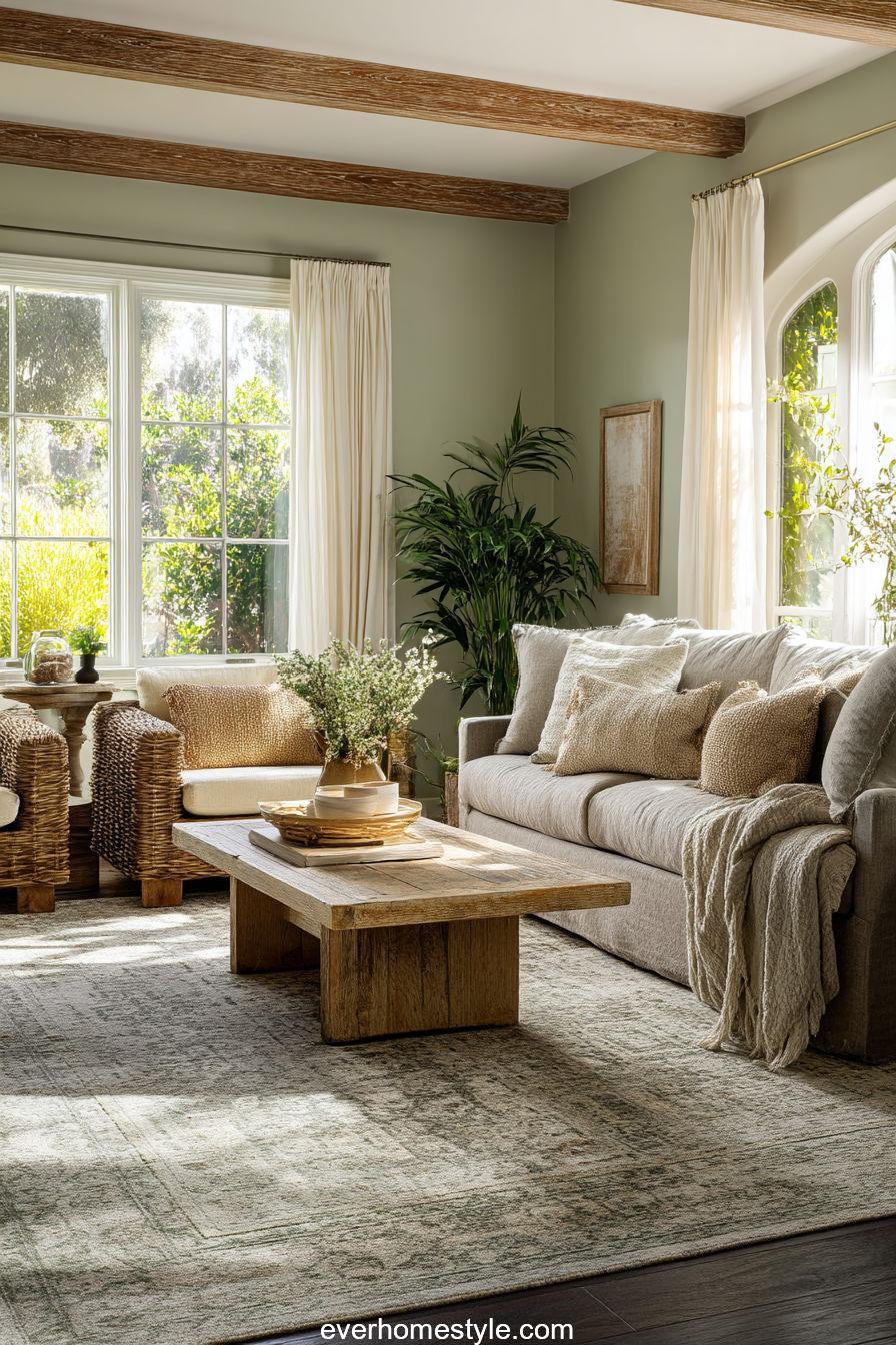 Layered rugs rustic sage green living room