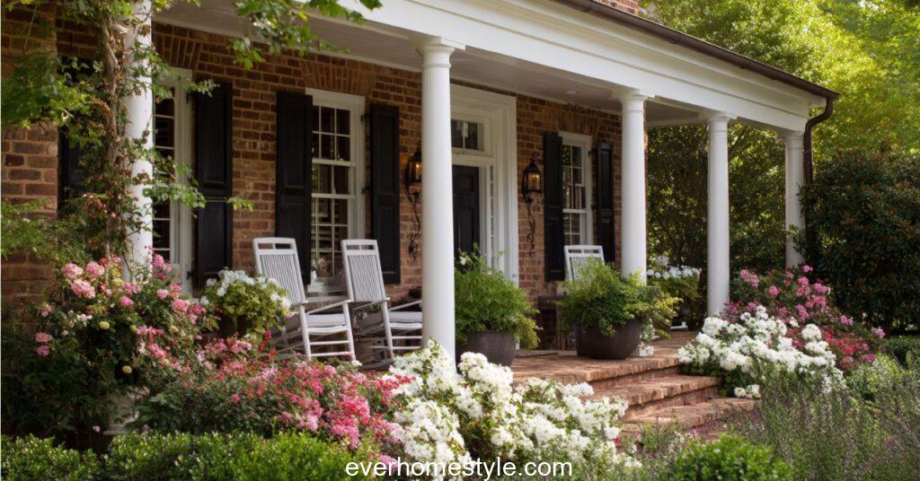 Cottage porch with white columns rocking chairs