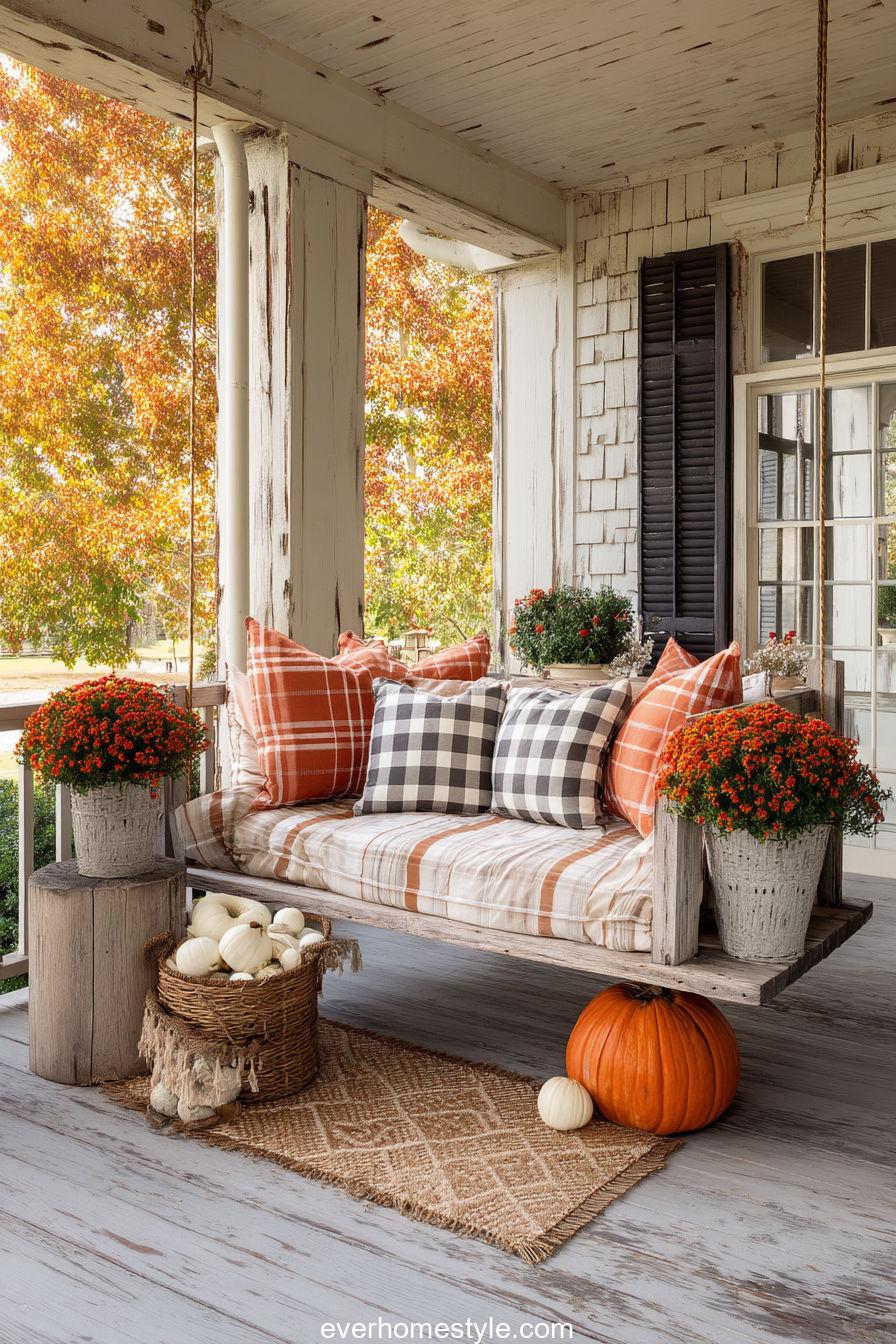 Country Porch Swing With Plaid Pillows And Baskets Of Pumpkins