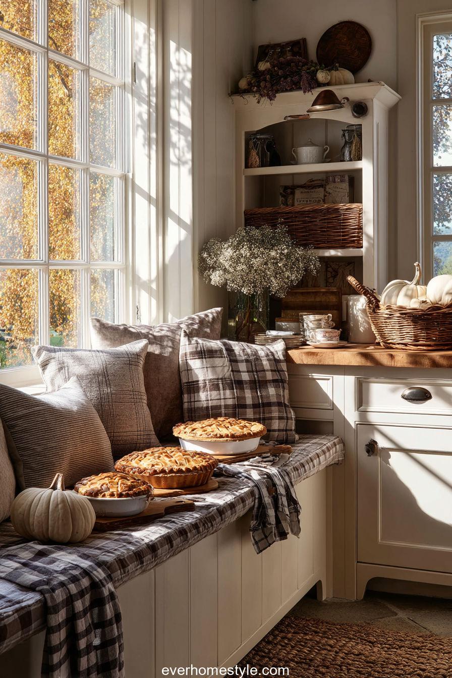 Country-style Kitchen Corner Filled With Pies, Pumpkins, And Plaid Napkins, Sunlight Streaming In