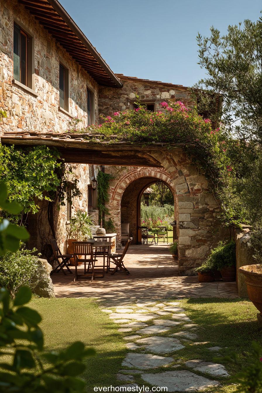Countryside Tuscan villa surrounded by vineyards, archway terrace, and wooden pergola