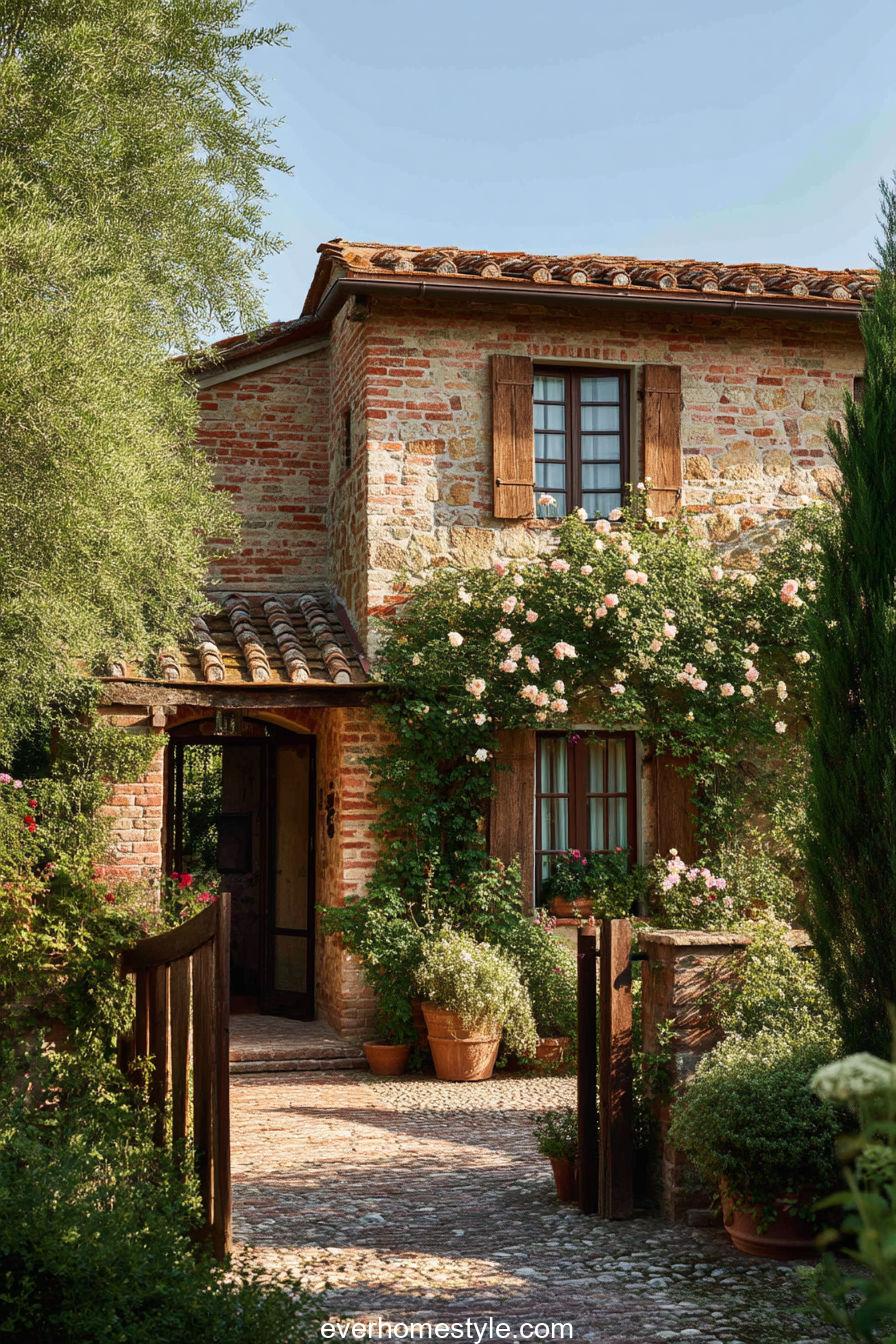 Cozy Tuscan cottage with brick façade, climbing roses, tiled roof and wooden gate leading to sunlit courtyard