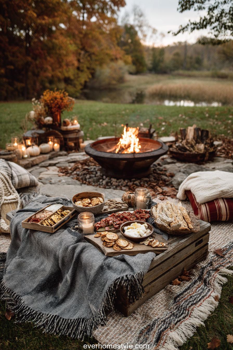 Cozy Backyard Thanksgiving Picnic With Wool Blanket, Fire Pit, And Rustic Food Setup