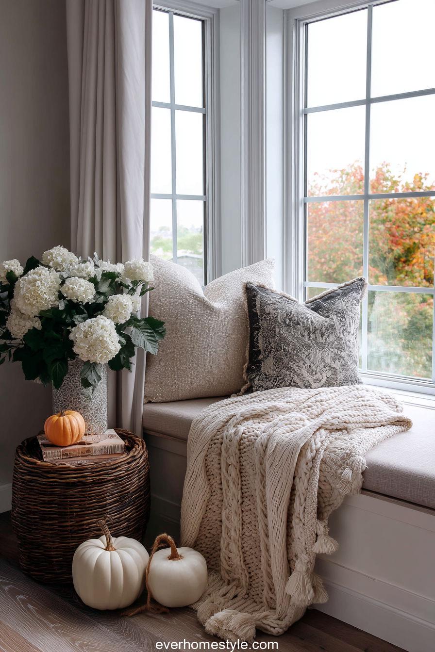 Cozy Reading Nook With Throw Pillows, Knitted Blanket, And A Pumpkin Arrangement Beside The Window