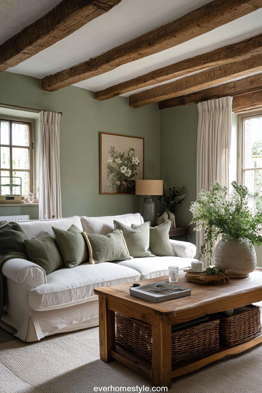 Cozy rustic living room with sage green walls