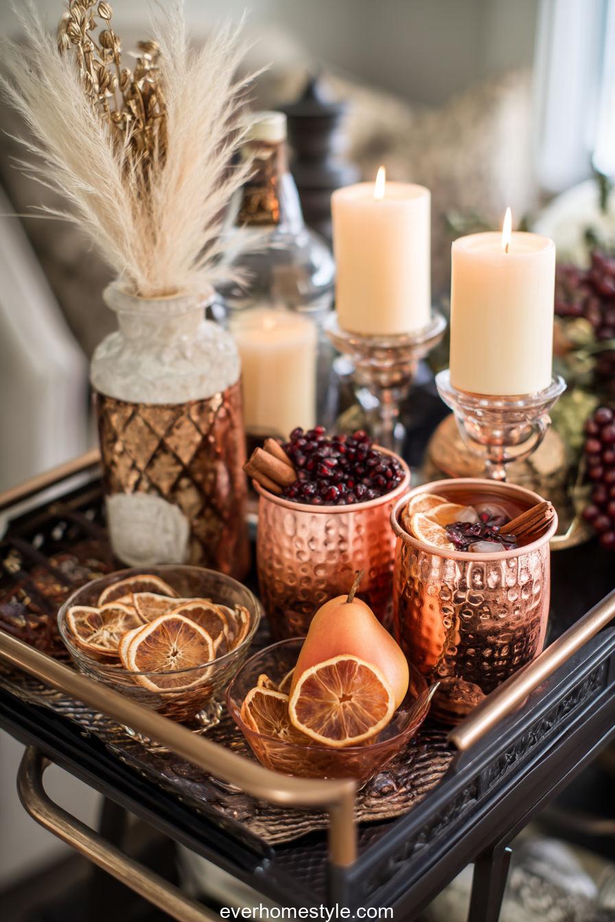 Elegant Thanksgiving Bar Cart With Copper Mugs, Dried Fruit Garnishes, And Candles