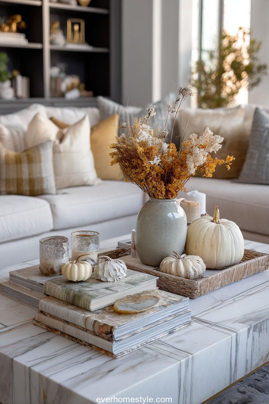 Elegant Staircase Decorated With Garlands Of Dried Leaves And Small Pumpkins On Steps