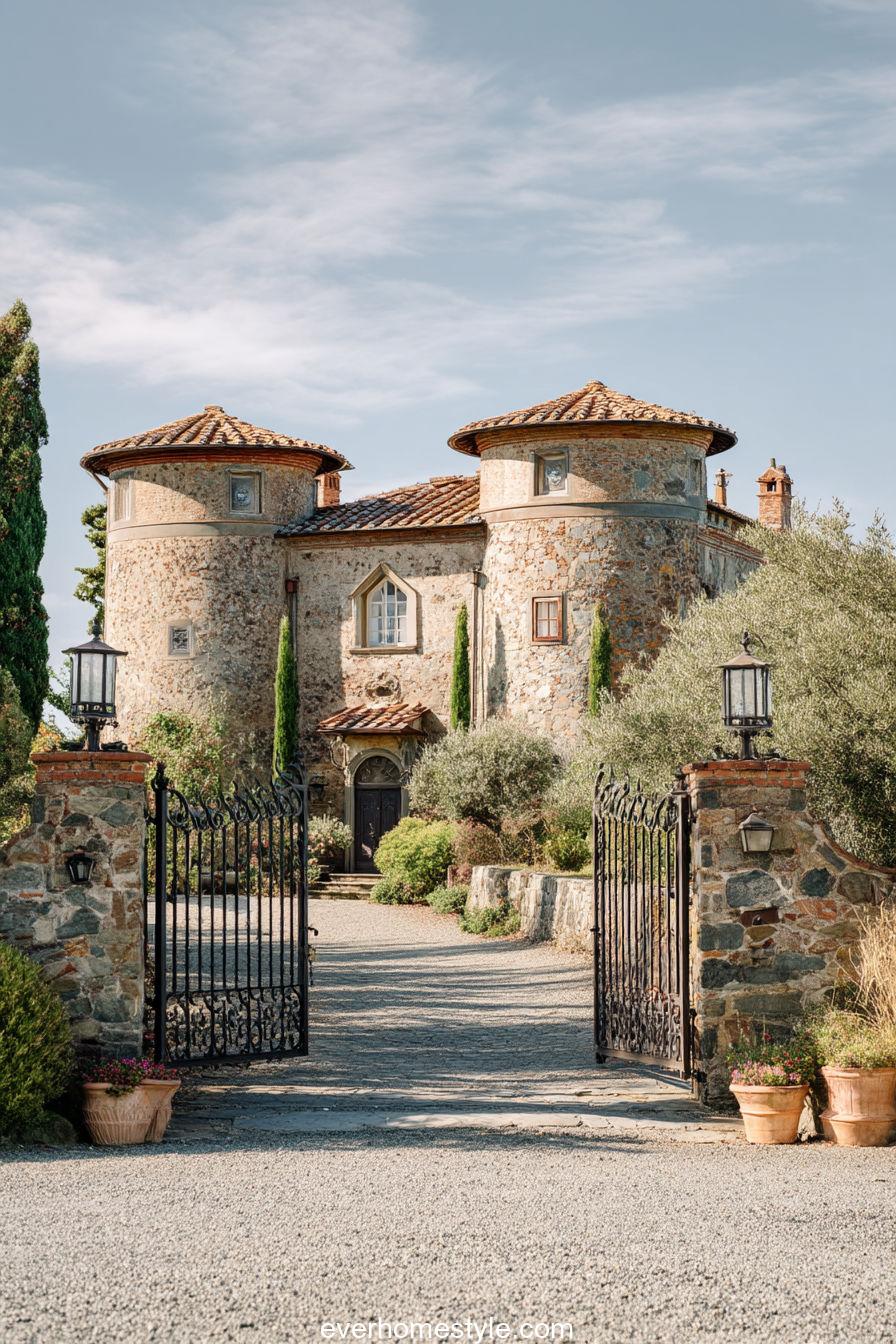 Elegant Tuscan country mansion with round towers, tiled roof and ornate entrance gate