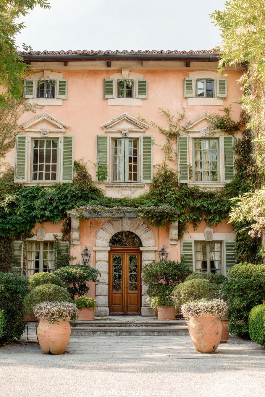 Elegant Tuscan estate with peach-colored façade, ivy curtains, and symmetrical windows framed by stone