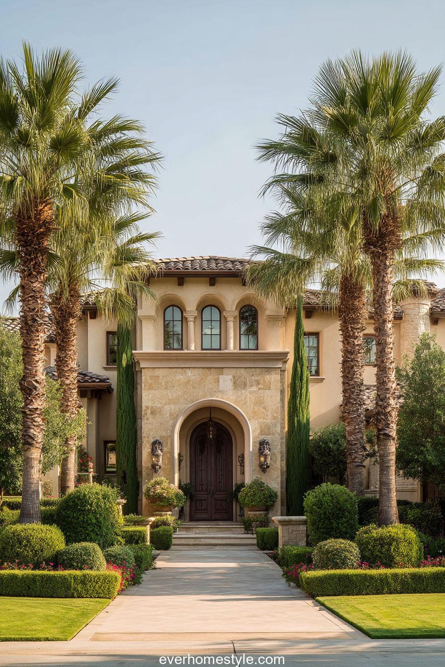 Elegant Tuscan mansion with symmetrical design, beige stucco walls, tall palm trees and manicured lawn
