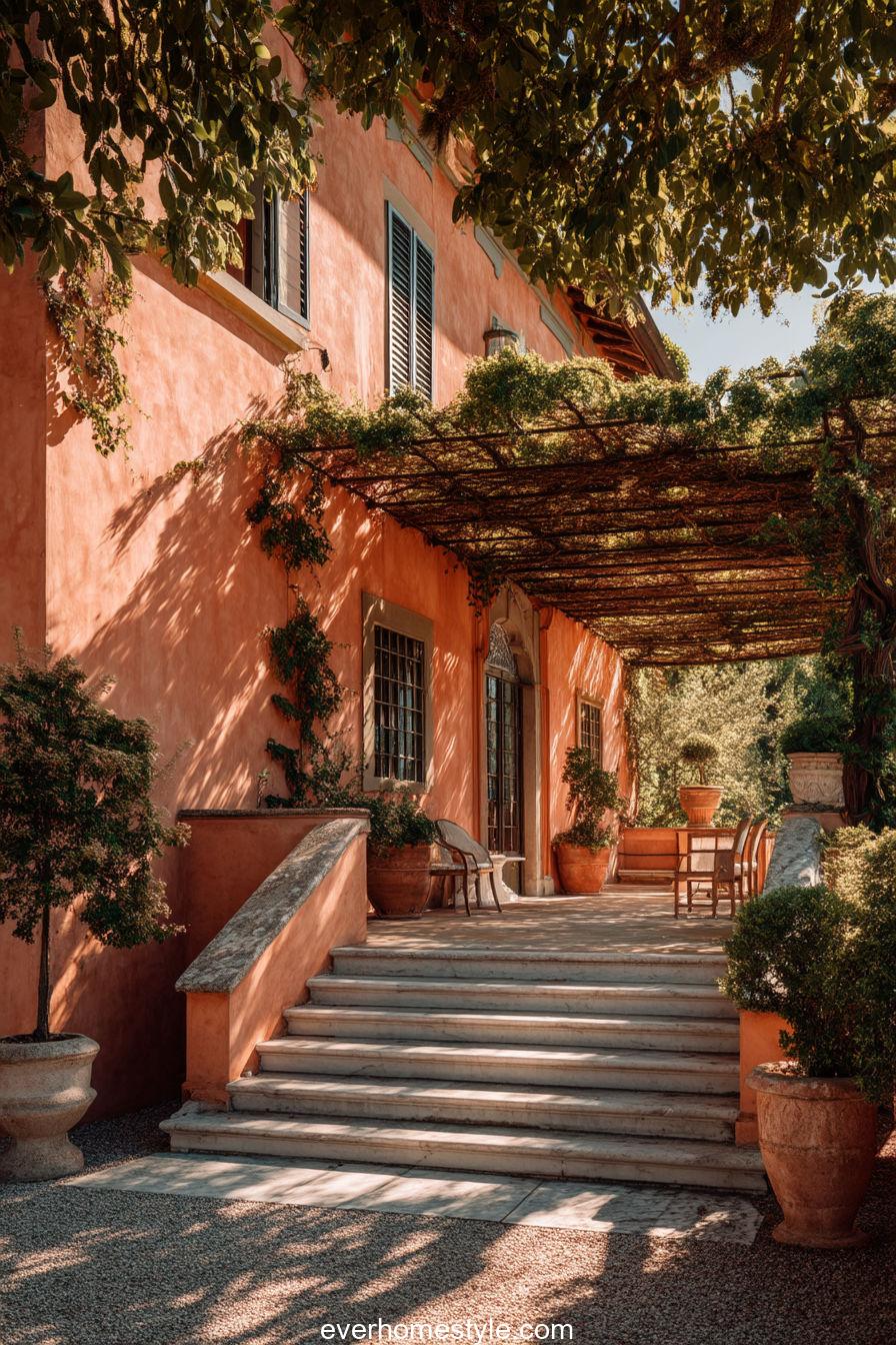 Elegant Tuscan villa with coral-toned walls, marble stairs, vine-wrapped pergola and sunlight streaming through