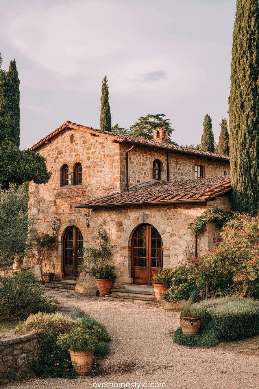 Elegant Tuscan villa with golden stone walls, arched wooden doors, terracotta roof tiles, surrounded by olive trees and cypress under soft daylight