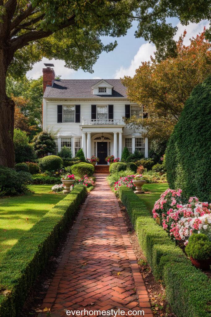 Elegant colonial house with red brick pathway
