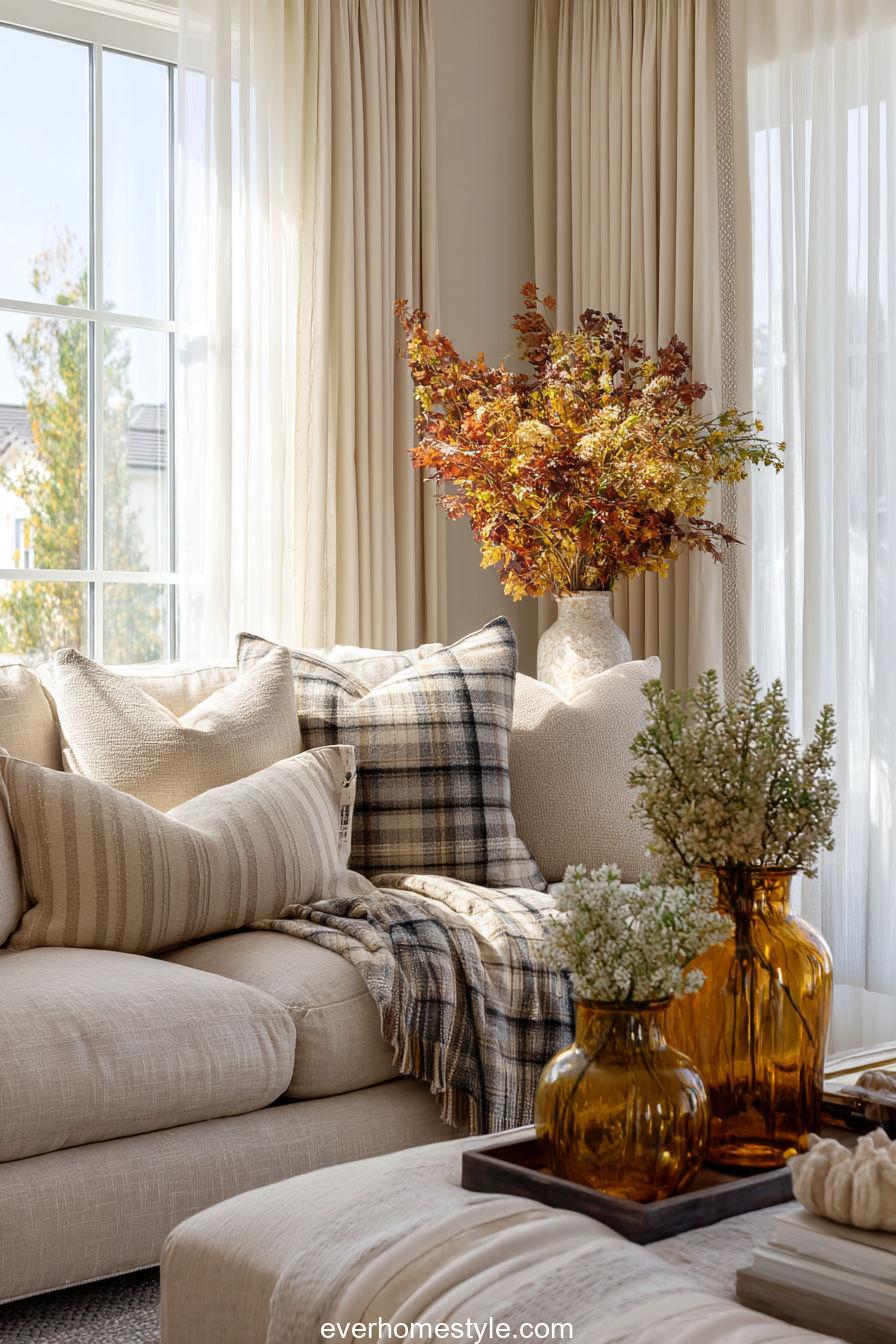 Elegant Living Room With Beige Linen Sofas, Amber Glass Vases Filled With Fall Foliage, Soft Plaid Blankets, Natural Sunlight Through Sheer Curtains