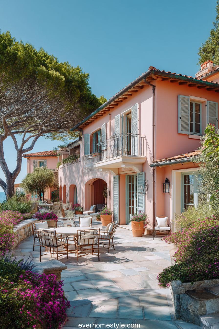 Elegant seaside Tuscan villa with pastel façade, terracotta patio, coastal breeze, and bright Mediterranean daylight