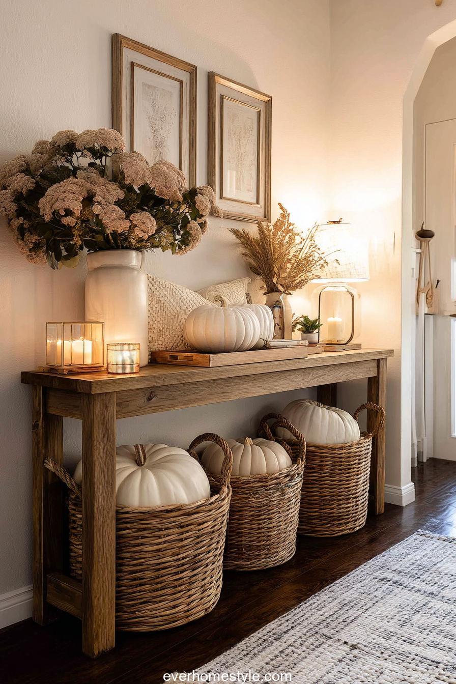 Entryway Console Decorated With Pumpkins, Wicker Baskets, And Soft Lighting