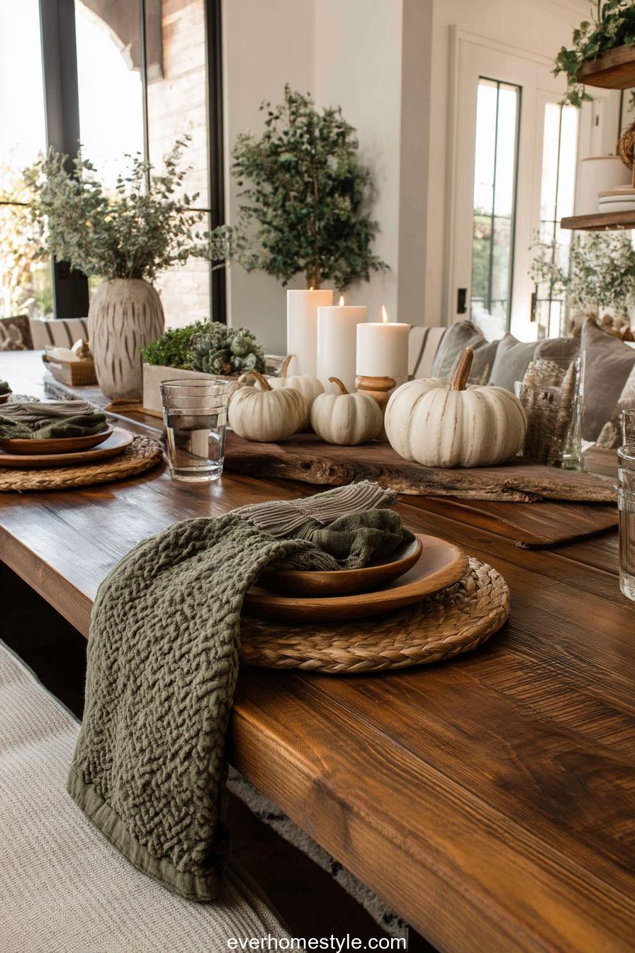 Cozy Farmhouse Front Porch Decorated With White Pumpkins, Eucalyptus Wreath, And Rustic Wooden Lanterns Under Golden Autumn Light, Soft-focus Photography, Warm Tones