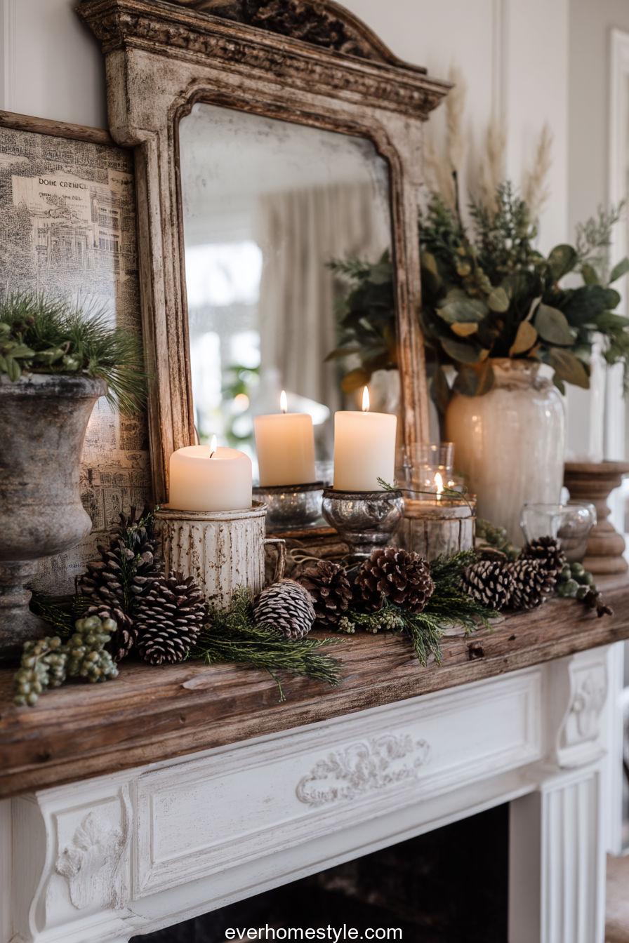 Fireplace Mantel Decorated With Pinecones, Candles, And Vintage Mirror