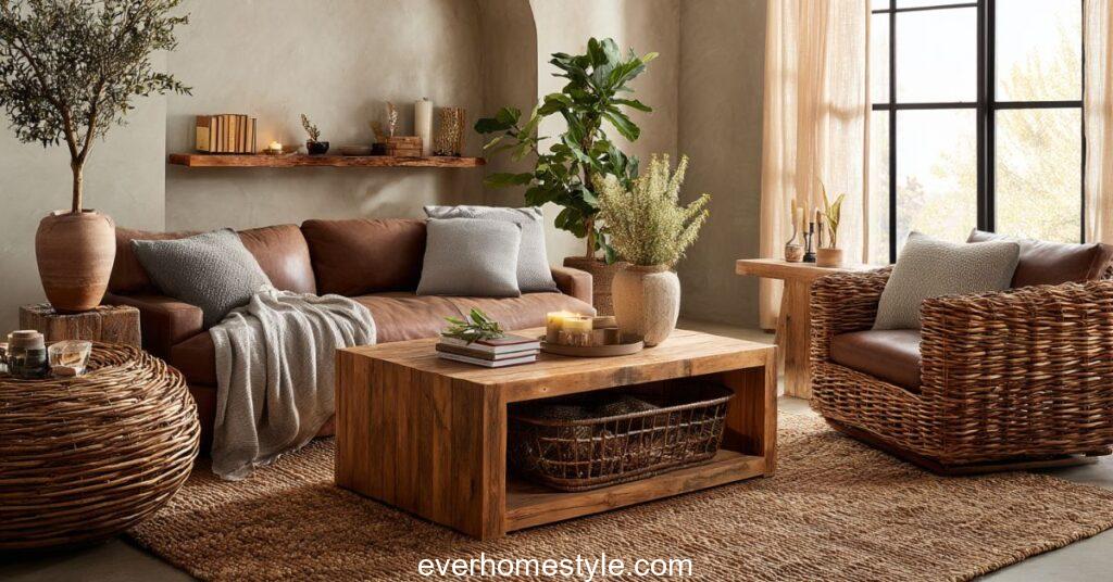 Full composition of an earthy living room where a rattan base