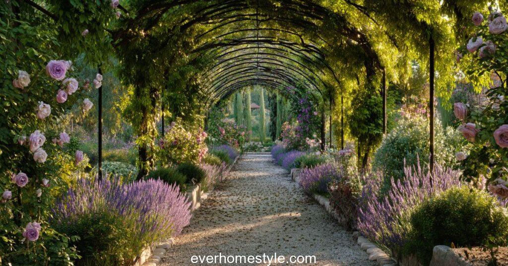 Garden walkway covered with vine pergola tunnel