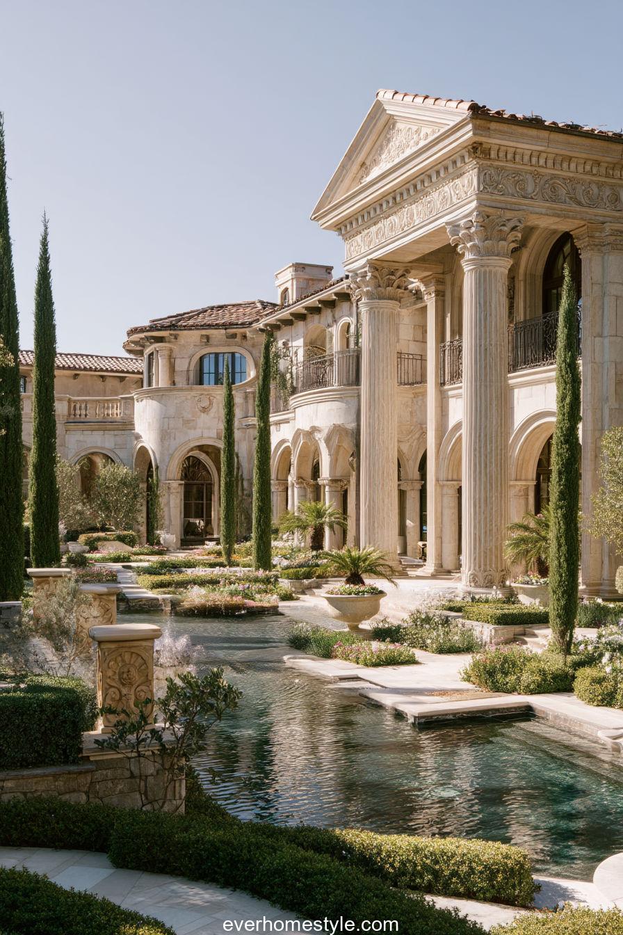 Grand Tuscan mansion with marble pillars, manicured gardens, and cypress backdrop under daylight