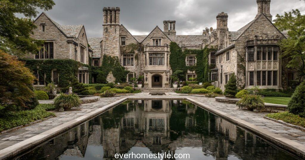 Grand stone mansion with ivy