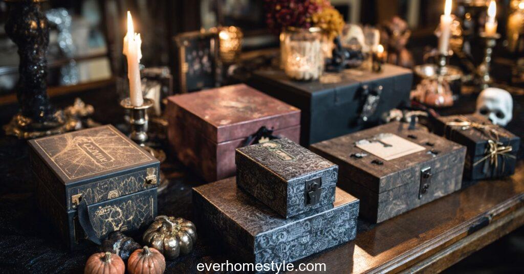 Halloween escape room boxes featuring puzzles