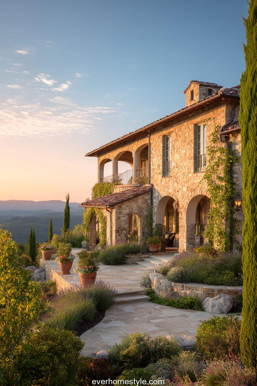 Hilltop Tuscan mansion overlooking vineyards, stone exterior with arched loggia and elegant gardens in soft morning light