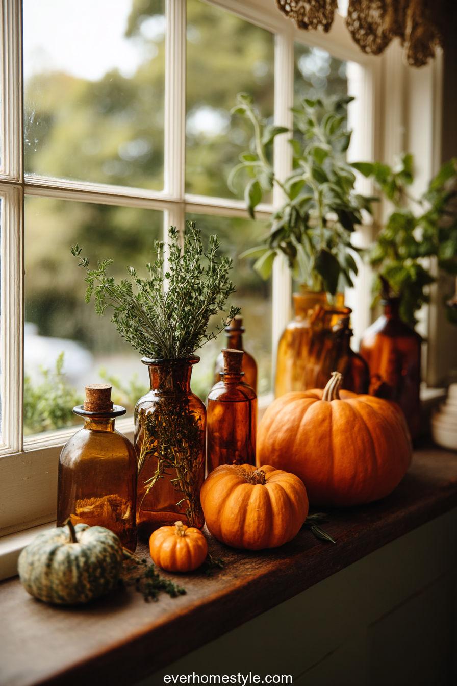 Kitchen Window Sill Decorated With Pumpkins, Herbs, And Amber Glass Bottles