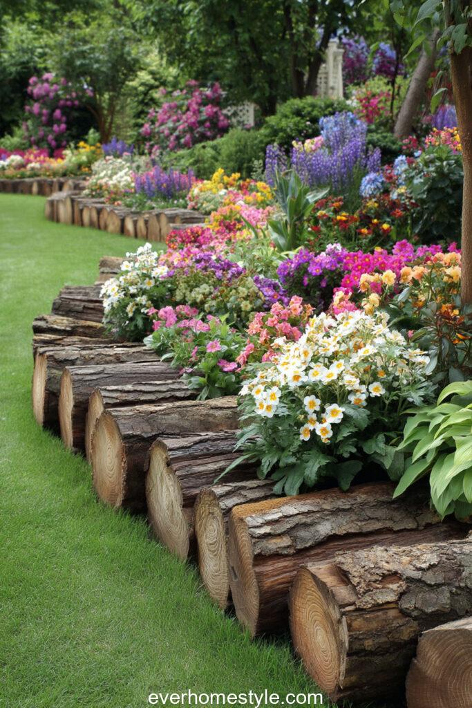 Logs neatly arranged as borders around garden