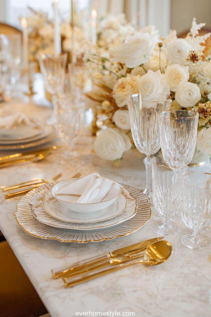 Luxurious Thanksgiving Table With Crystal Glassware, Golden Cutlery, And Soft Ivory Florals