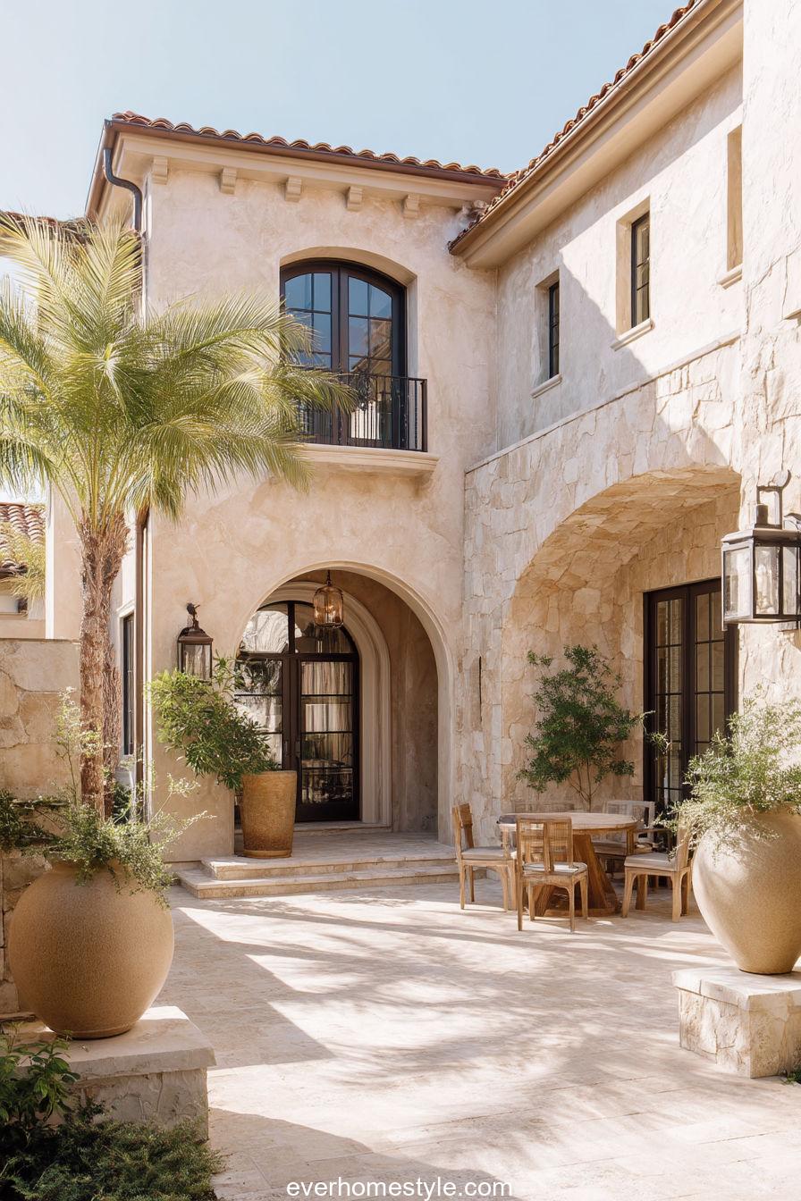 Mediterranean Tuscan home with pale sandstone façade, arched doorway and palm-lined patio