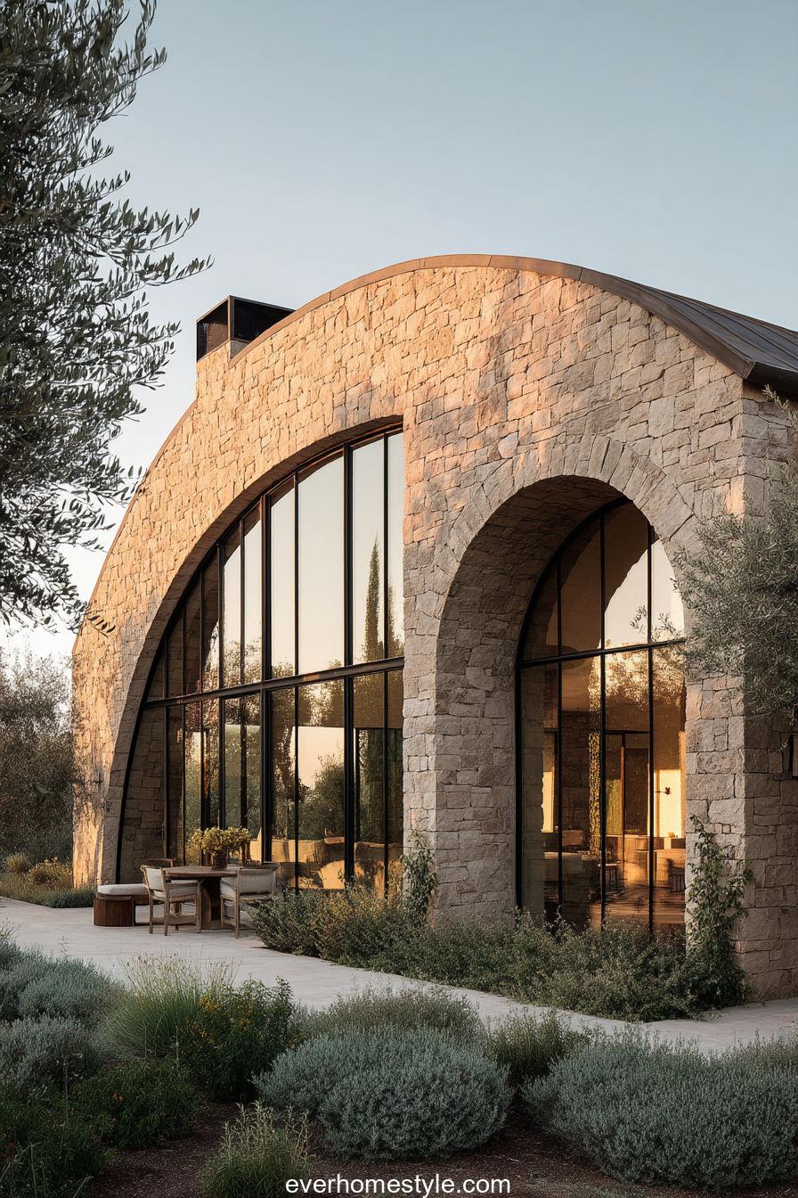 Minimalist Tuscan-inspired home with modern glass arches blending natural stone, olive grove nearby, sunlight reflections