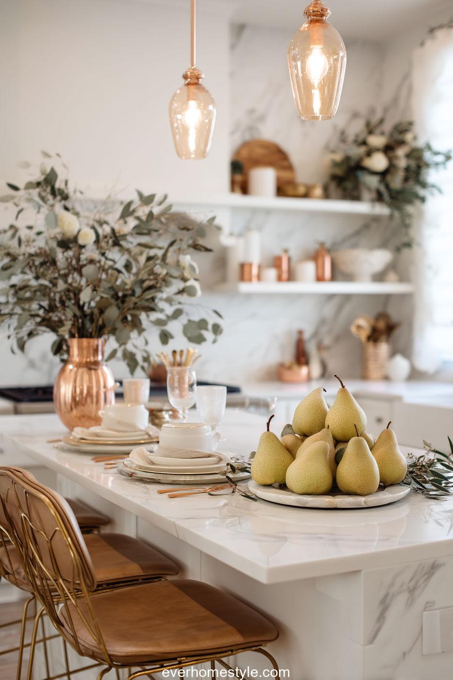 Minimalist Kitchen Island With Soft Lighting, Golden Pears, And Copper Accents, Decorated For Thanksgiving