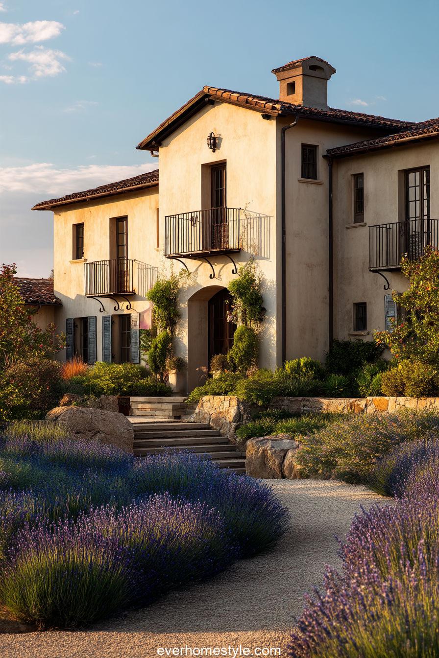 Modern Tuscan farmhouse with beige stucco façade, wrought iron balconies, lavender fields and gravel pathway bathed in warm sunlight